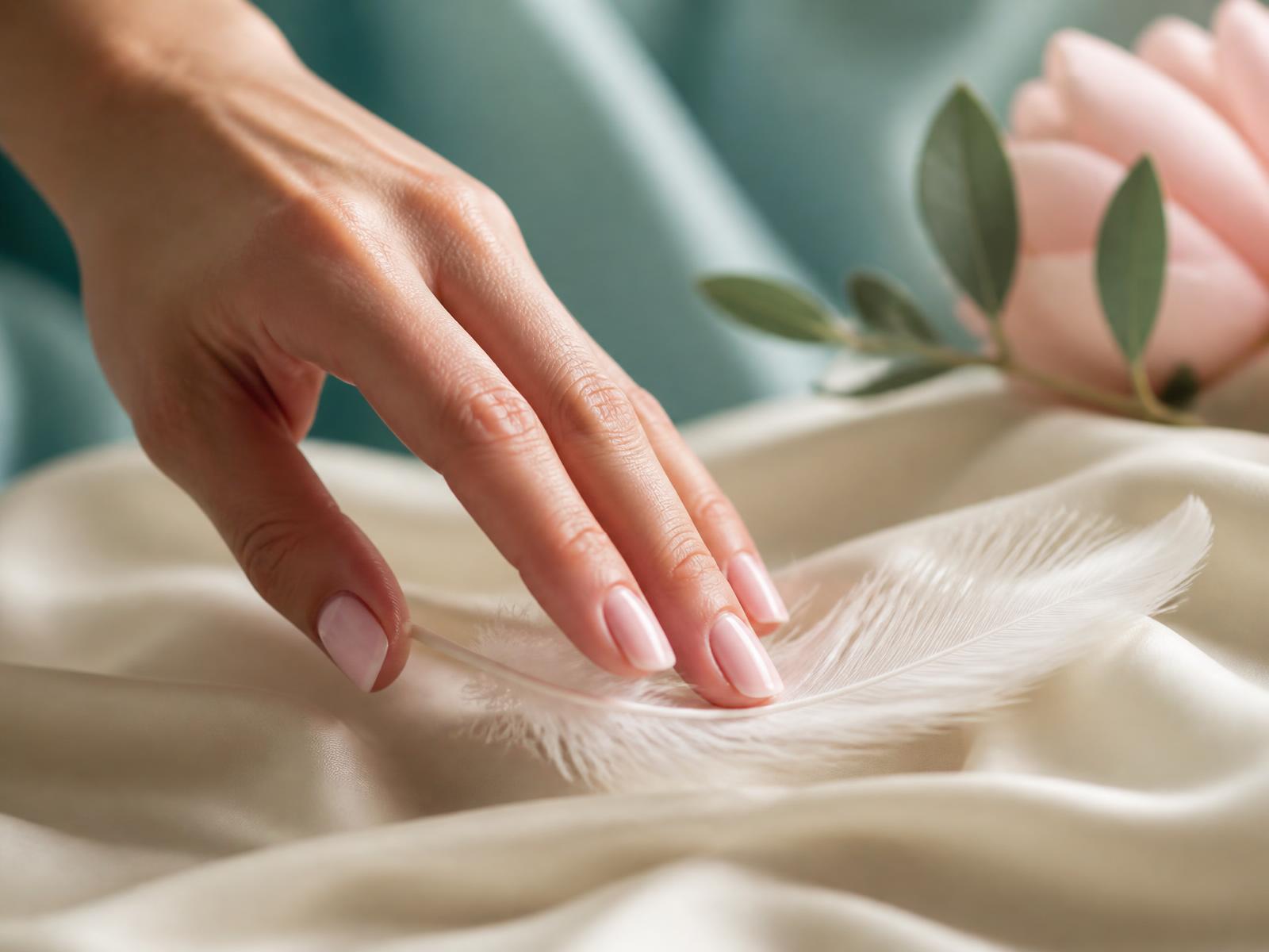 Mano cuidada rozando una pluma blanca sobre seda color crema